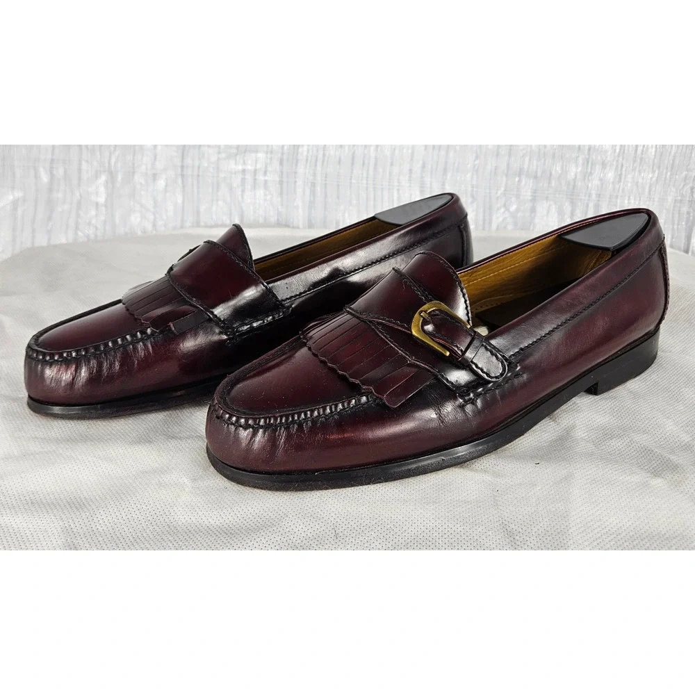 Cole Haan Men's 9D Burgundy Leather Kiltie Penny Loafers Pinch Buckle Fringe